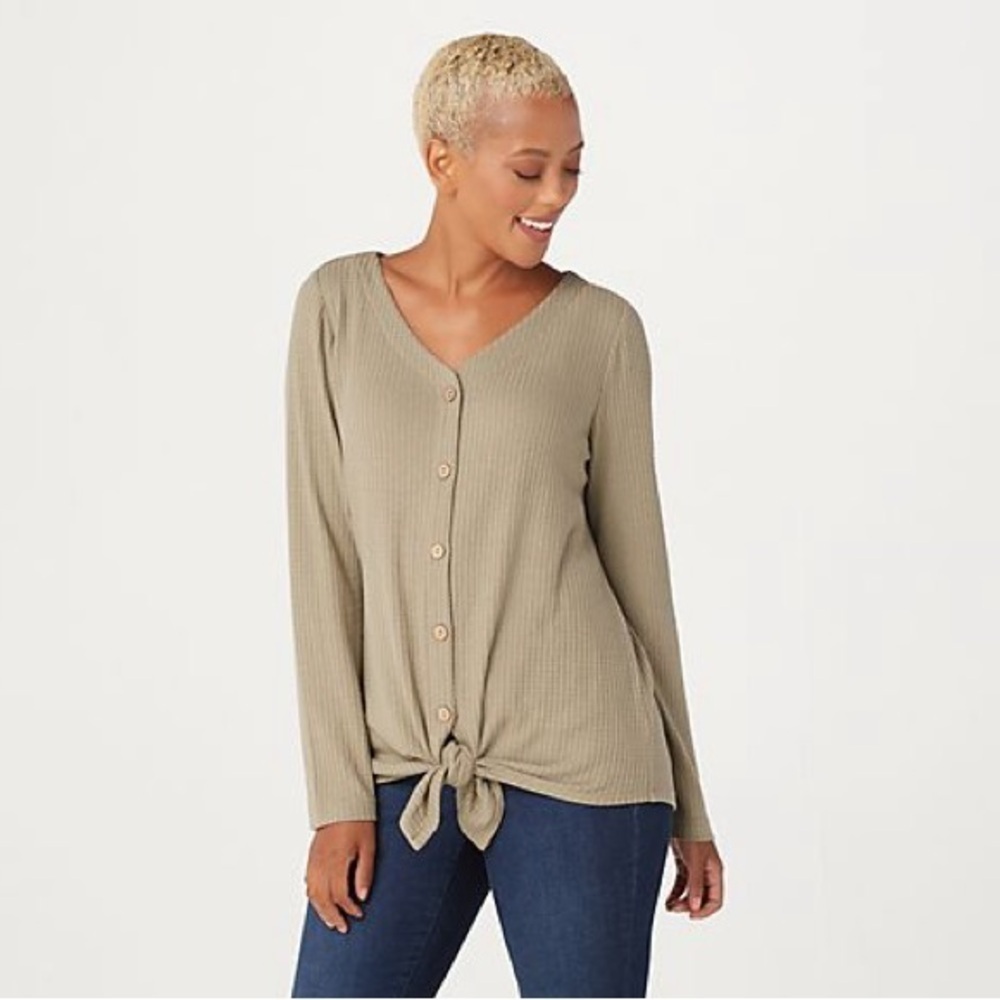 Belle by Kim Gravel Waffle Button Tie-Front Top Size XS Long Sleeve V Neck NWT - Picture 16 of 16